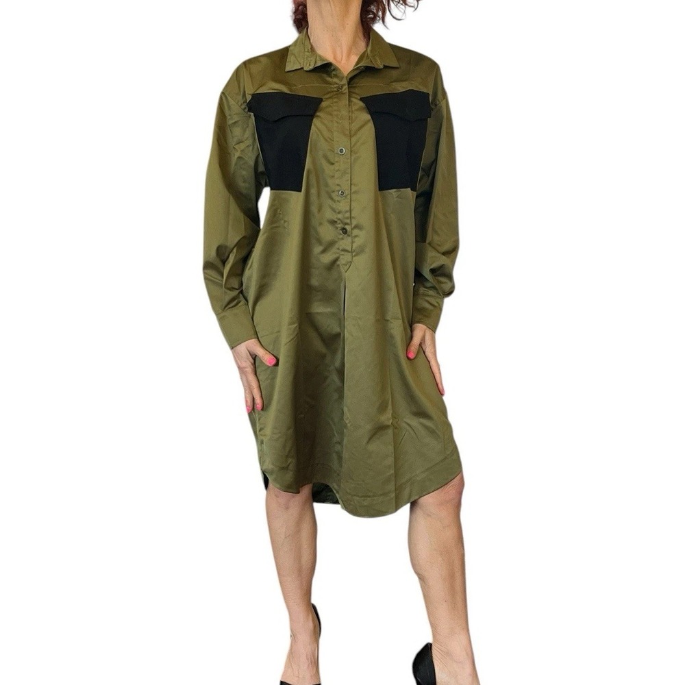 SONIA RYKIEL SHIRT DRESS GREEN SATIN POCKETS BUTTON DOWN OVERSIZED 36 S/M